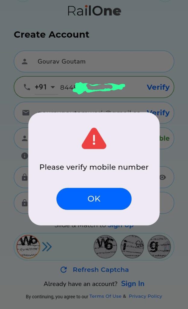 email id, username, password and click on verify number